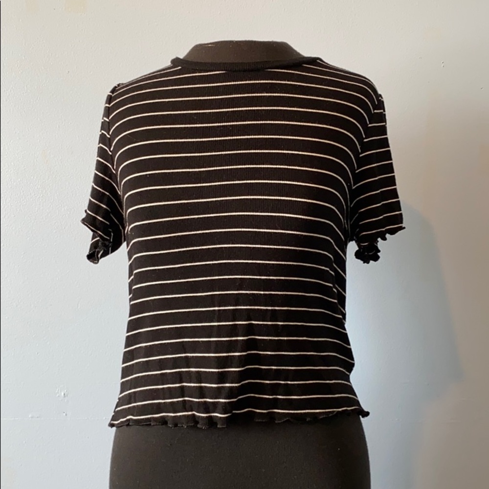 Striped Lettuce Hem Ripped Cropped T-Shirt